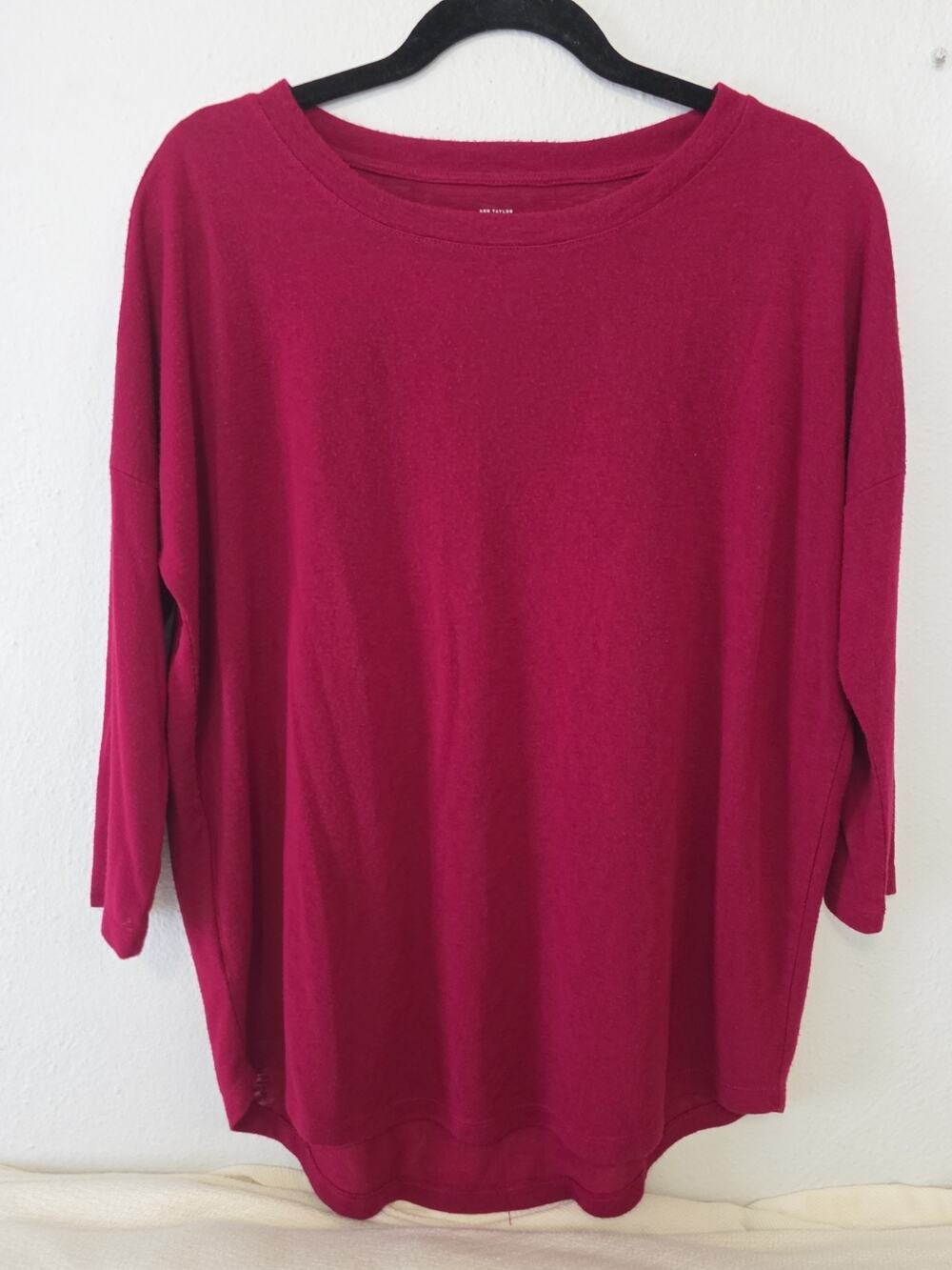 Ann Taylor Loft Burgundy Boatneck Tunic Blouse Top Drop Shoulder 3/4 Sleeve Med.